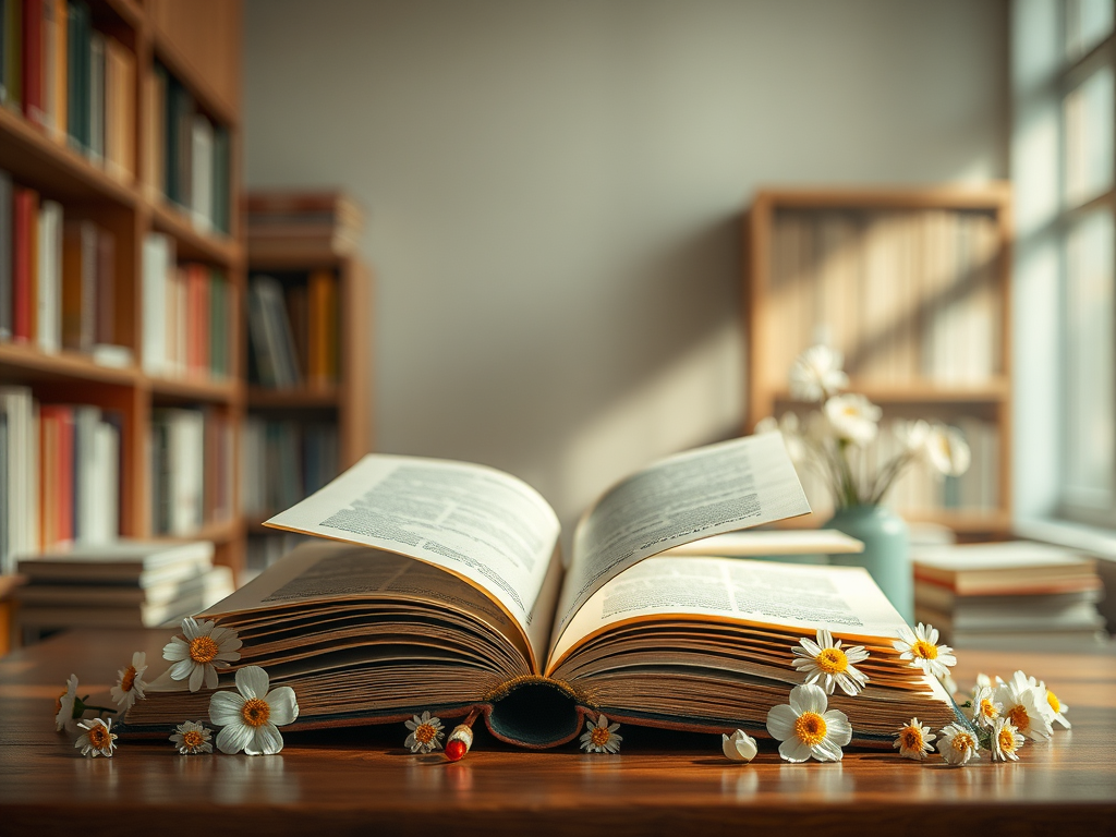 Открытая книга на столе, окружённая ромашками, на фоне книжных полок и светящегося окна.