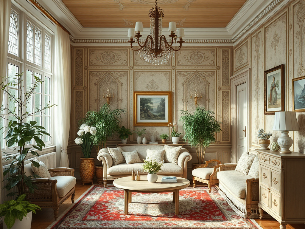 Уютная гостиная с роскошным декором, растениями и chandelier. Светлые тона, классический стиль и уютная атмосфера.