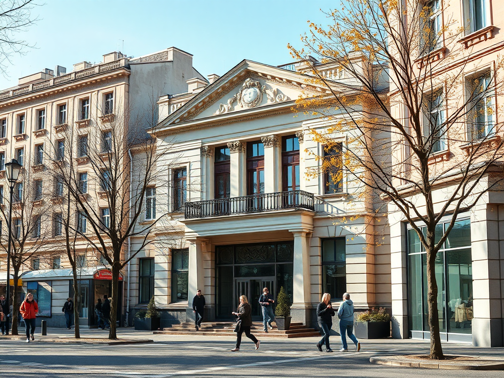 Улица с красивыми зданиями, люди гуляют, осень, желтые листья на деревьях, ясное небо.
