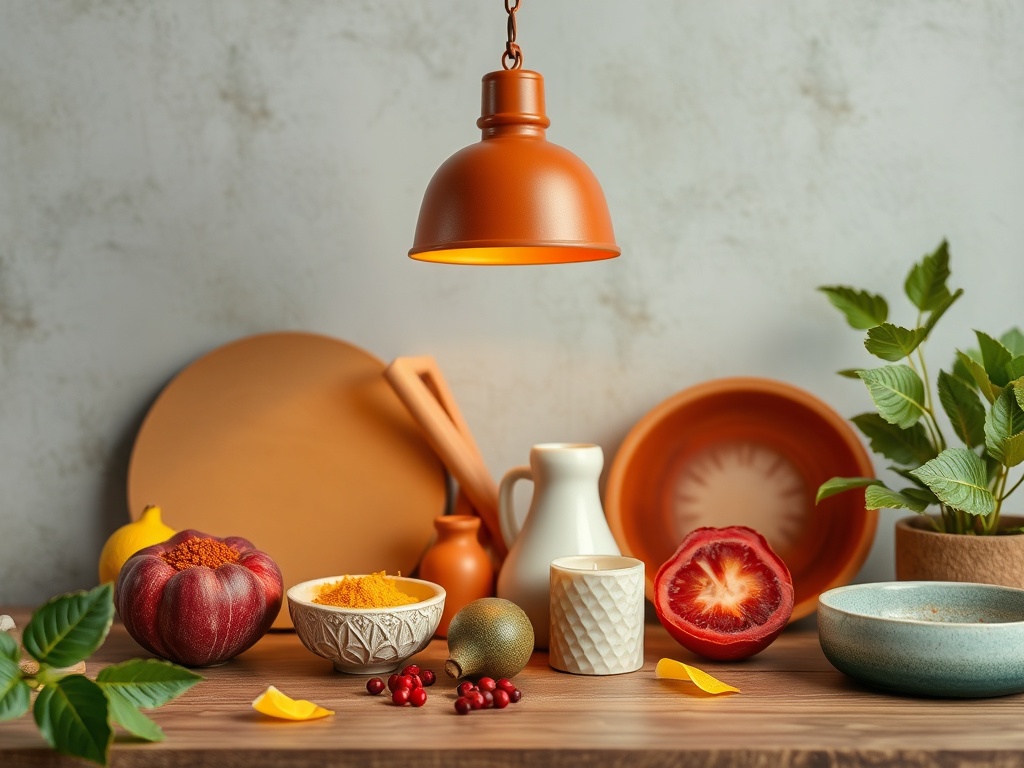 На столе расположены блюда, специи, свежие фрукты и зелень под теплым светом лампы.