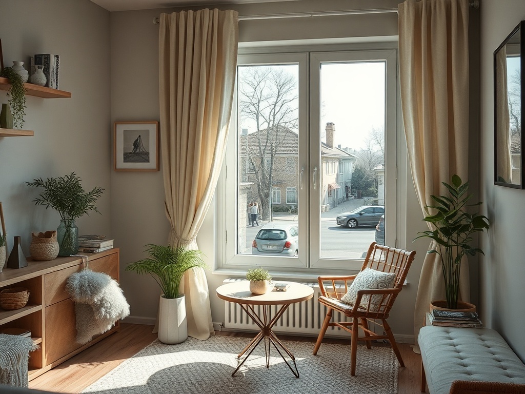 Современный интерьер с окном, растениями и уютной мебелью. Уютная атмосфера, светло и привлекательно.