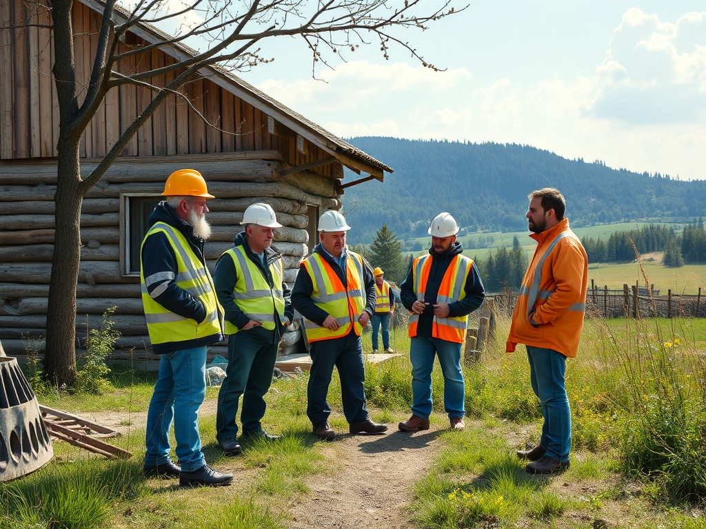 Группа мужчин в защитной одежде обсуждает проект на фоне деревянного дома и природы.
