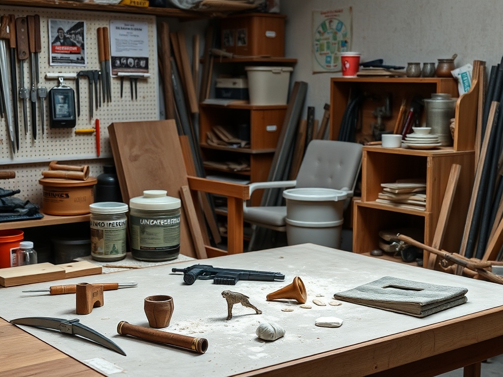 Рабочий стол с инструментами, предметами и материалами, окруженный деревянными полками и инструментами.